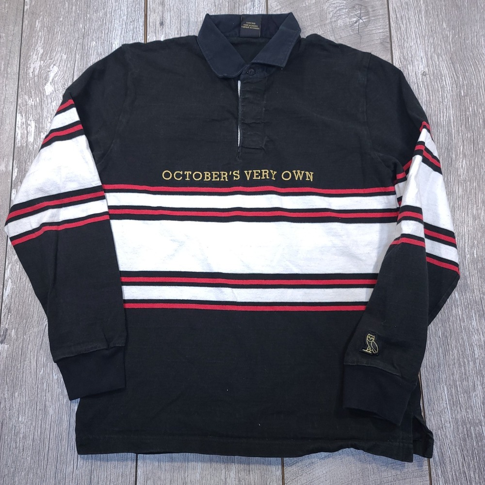 OVO Rugby Shirt Mens Small Black Striped Long Sleeve Embroidered Owl Logo